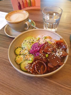Poke bowl and oat latte at Plant. Eat. Licious in Bath