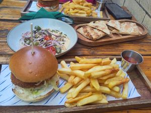 Chicken burgers and a loaded hummus to share at Plant. Eat. Licious in Bath