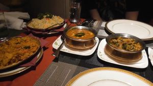 Vegetable Pilaw, vegetable biryani, chana masala and pumpkin curry at Kerala Indian Restaurant in Kyoto