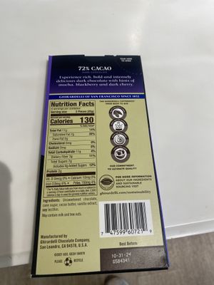 72% Cacao Bar Accidentally Vegan (No Milk), Just Be Mindful that “May Contain” verbiage pertaining to milk and other allergens due to shared equipment.  at Ghirardelli Ice Cream and Chocolate Factory Outlet in San Leandro