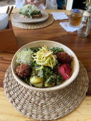 Vegan chickpea bowl  at Aguacate Veggie Bar in Oaxaca