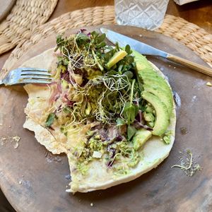 Falafel with white bean hummus.  Added avocado.  at Aguacate Veggie Bar in Oaxaca