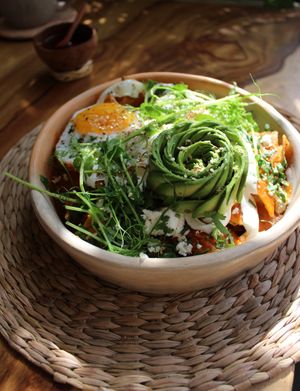 CHILAQUILES at Aguacate Veggie Bar in Oaxaca