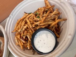 small fry, delish seasoning and sauce!  at Sunday C&C Eatery in New York City