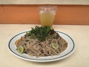 Glass noodles with peanut and quinoa & sugar can lime drink  at Sunday C&C Eatery in New York City