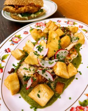 Lion's mane mushrooms with crispy yucca  at Sunday C&C Eatery in New York City