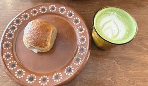 Guava bun & matcha oat latte  at Sunday C&C Eatery in New York City