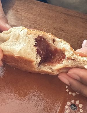 Inside filling of guava bun  at Sunday C&C Eatery in New York City