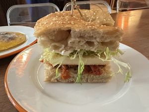 Focaccia sandwich, vegan (tofu)  at Sunday C&C Eatery in New York City