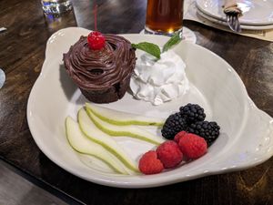 Chocolate stout cake with sweet potato frosting and delicious whip creme....All Vegan!! at Drop Bear Brewery in Eugene