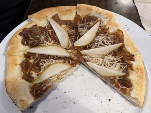 Pear and caramelized pizza !! at Drop Bear Brewery in Eugene