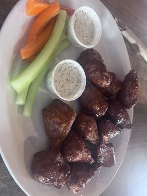 Vegan Drumsticks with Sugarcane “bone”, SO good!   at Drop Bear Brewery in Eugene