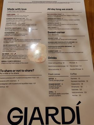 Menu in English at GIARDÍ  in Milan