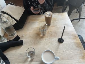 Hot chai w oat milk and iced oat milk mocha   at Brown Butter Crêperie and Café in Grand Rapids