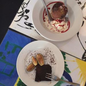 Vegan Brownie& Hot peach with vegan icecream at Lady Green Bio-Vegetarian Restaurant in Sitges