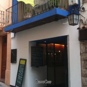 Exterior with great low-price fixed menu signs at Lady Green Bio-Vegetarian Restaurant in Sitges