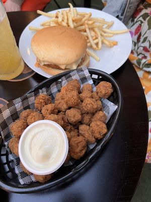 Popcorn chicken and cheeseburger   at Mama B's in Chippendale