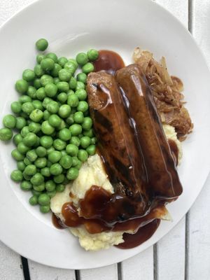 Bangers (sausages), mash, peas, gravy and caramelised onions #Veganuary at Mama B's in Chippendale