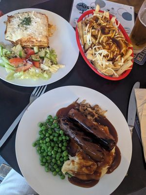 Lasagne, bangers and mash, Poutine loaded fries at Mama B's in Chippendale