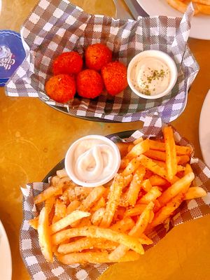 Pumpkin Arancini Balls and Truffle Mayo & ‘Parmesan’ Loaded Friess  at Mama B's in Chippendale