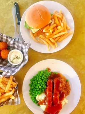 Smashed Mac Burger and Bangers & Mash  at Mama B's in Chippendale