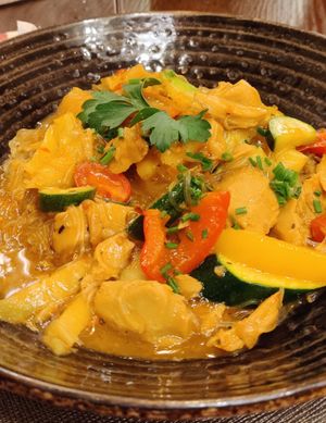 Glass noodle with pineapple, vegan chicken and vegetables (slightly spicy). So good!! at Gassl Bräu in Klausen