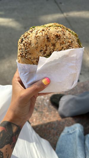 Smashed avocado + onion   at Baz Bagel in New York City