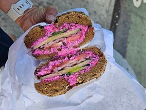 Beet and horseradish spread on an everything wheat bagel at Baz Bagel in New York City