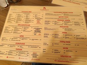 Menu (hungarian) at Hummus Bar in Szeged