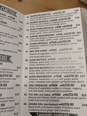 Section of veg entrees menu that lists all of the vegan entrees at Aamchi Mumbai Indian Cuisine in Petoskey