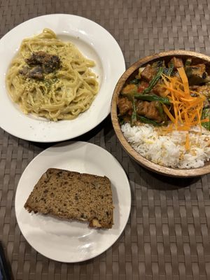 Pasta carbonara, tofu Adobo and banana cake  at Vedge Bohol in Panglao