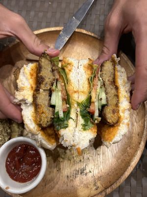 Vegan burger inside  at Vedge Bohol in Panglao