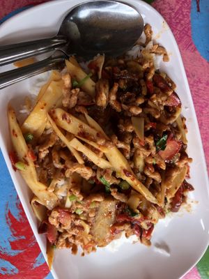  curry pad krapow with bamboo shoots  at Cut Vegetarian Food - เจียระไนอาหารเจ in Nakhon Pathom