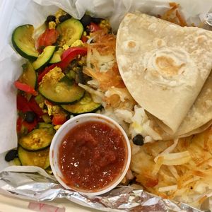 Tofu scramble with hash browns to go at Sandpiper Cafe in Juneau
