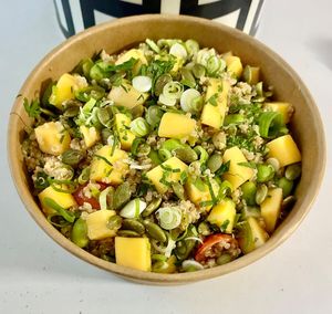 Tahini miso infused mango edamame medley at Kreate Vegan Fusion in Dubai