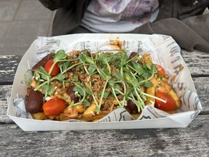 Makkaraperunat. The sausage was especially succulent!  at Vegan Food Box in Helsinki