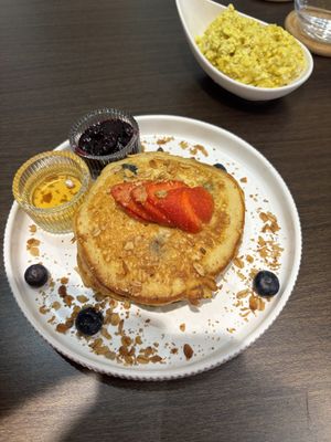 Blueberry pancakes with added scramble   at Plantoholic in Dubai