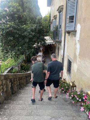 Walking down to the restaurant  at Castello di Montegufoni in Montespertoli