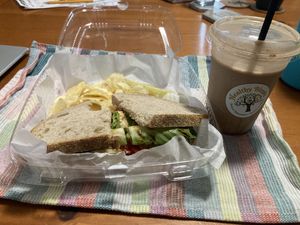 Chickpea salad sandwich and chocolate peanut butter smoothie.   at Healthy Blends in Schenectady