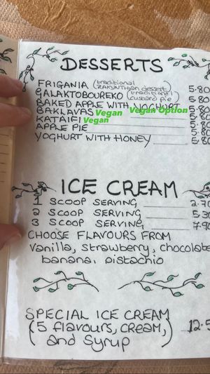 vegan desert menu (there is another page with more vegetarian options - milkshakes, coffee etc)  at Agnadi in Zakynthos