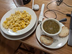 Mac and cheese and bread and soup at Trident Bookstore and Cafe in Boston