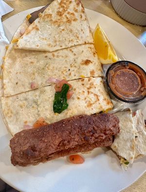 Vegan quesadilla & sausage  at Trident Bookstore and Cafe in Boston