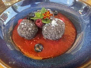 Vegan “cottage cheese” like dumplings with strawberry sauce
  at Tiki Beach Bisztró in Zamardi