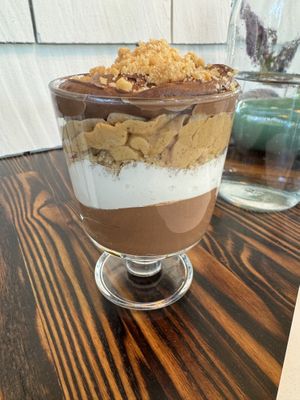 Chocolate mousse & peanut butter crumble parfait  at goatlandia kitchen in Sebastopol