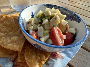 Mushroom ceviche with leche di tigre  at goatlandia kitchen in Sebastopol