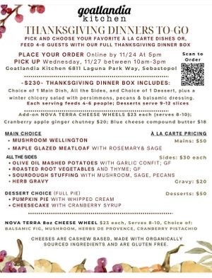 THANKSGIVING DINNERS TO-GO 2024   at goatlandia kitchen in Sebastopol