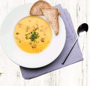 Brilliant Sunlight
Lentil Pumpkin Soup: Organic Green & Red Lentils, Pumpkin, Sweet Potatoes, Carrots, Onions, Garlics, Coconut Milk, Cumin, Pumpkin Seeds, Wholegrain Bread. at Easy Vegan in Hoi An