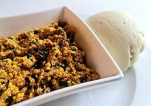 Vegan egusi with tofu. Pounded yam as the starch. Fresh and delicious. at Gabykul Nigerian Vegetarian Cuisine in Abuja