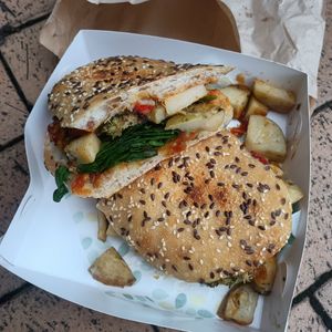 roasted veg sandwich with relish and spinach at Quarry Bakehouse in Upper Ferntree Gully