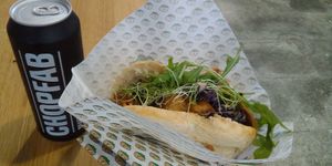 Pita sandwich and beer. at Veganitas in Luzern